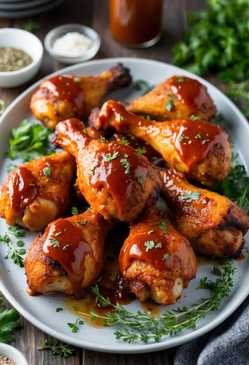 A platter of oven-baked drumsticks coated in tangy BBQ sauce, surrounded by fresh herbs and spices