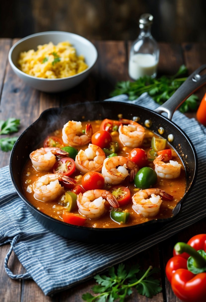 A sizzling skillet of shrimp, tomatoes, and peppers cooking in a fragrant Mediterranean sauce