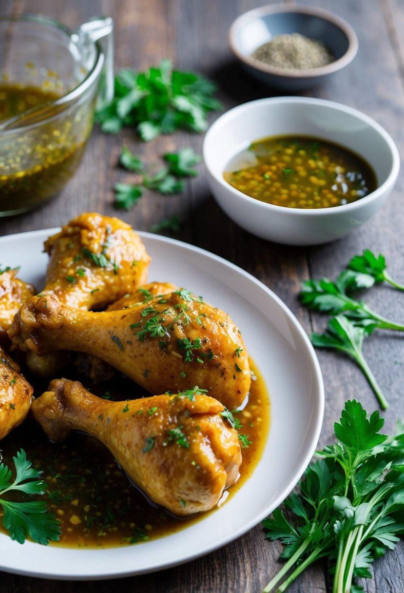 A plate of marinated drumsticks next to a bowl of marinade, with fresh herbs and spices scattered around