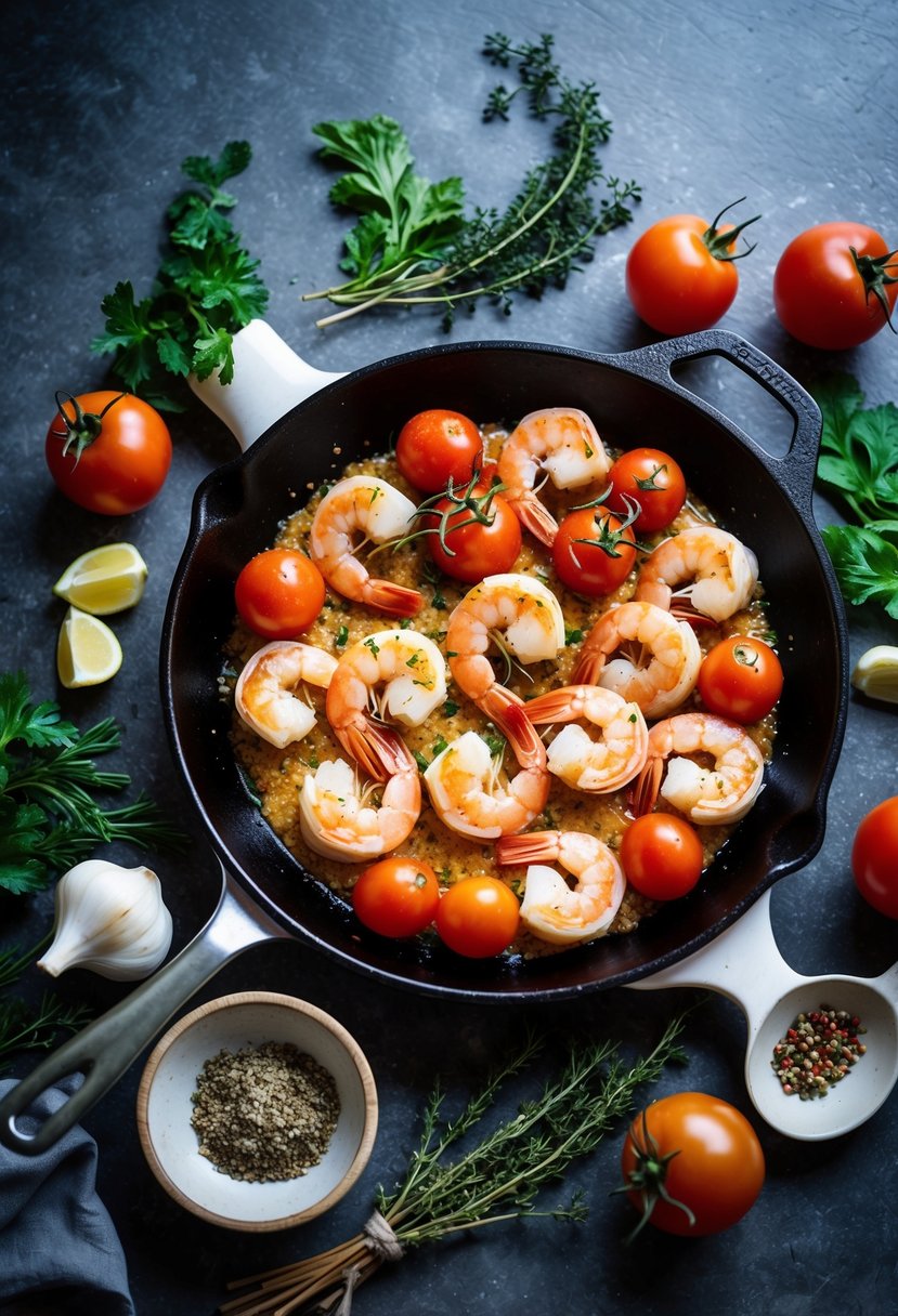 A sizzling skillet of garlicky shrimp and grape tomatoes, surrounded by colorful Mediterranean herbs and spices