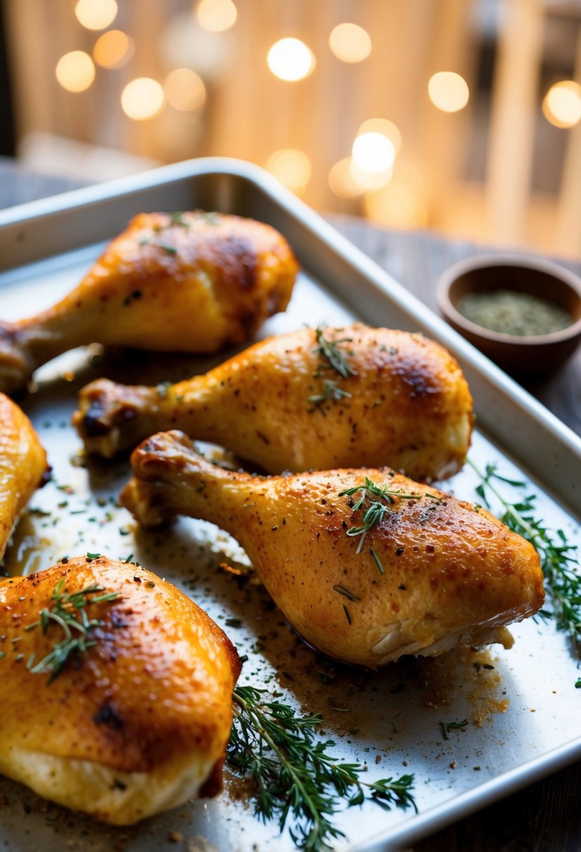 Golden brown chicken legs on a baking tray with herbs and spices