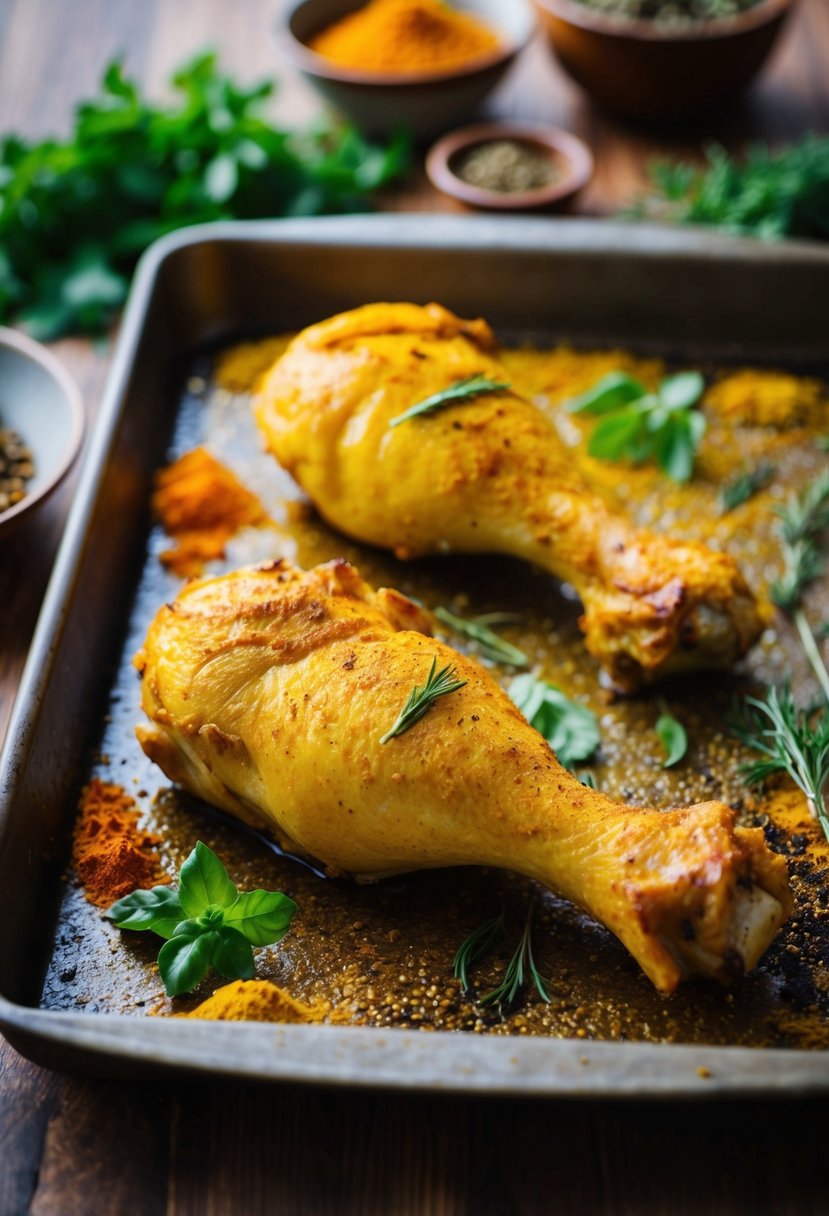 Golden turmeric chicken legs sizzling on a baking tray, surrounded by vibrant spices and herbs