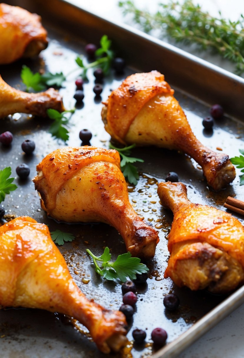 A tray of golden-brown oven-baked drumsticks coated in a spicy allspice glaze, surrounded by scattered allspice berries and sprigs of fresh herbs