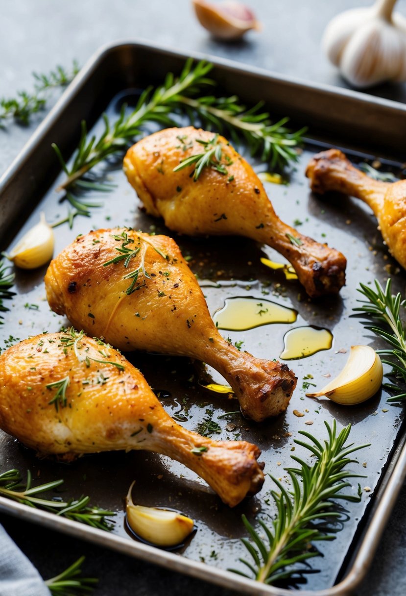 Golden-brown drumsticks on a baking tray, drizzled with olive oil and sprinkled with herbs, surrounded by fresh rosemary and garlic cloves