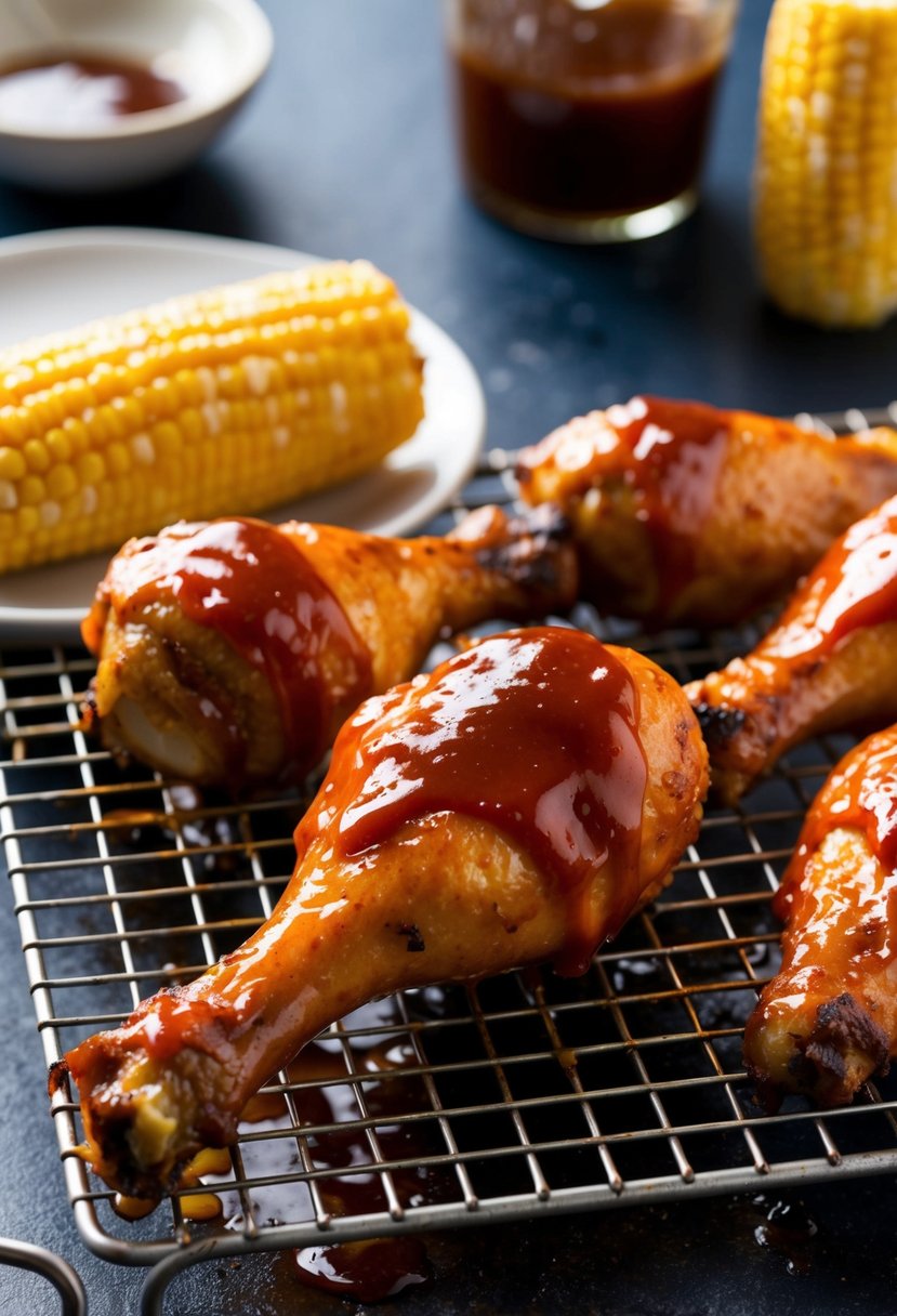 Oven-baked drumsticks coated in sweet and tangy BBQ sauce, glistening on a wire rack with a side of charred corn on the cob