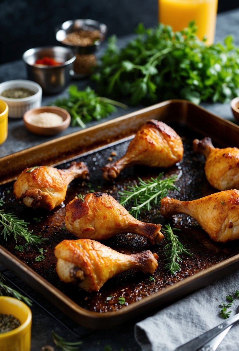 Golden brown drumsticks on a sizzling hot oven tray, surrounded by fresh herbs and spices