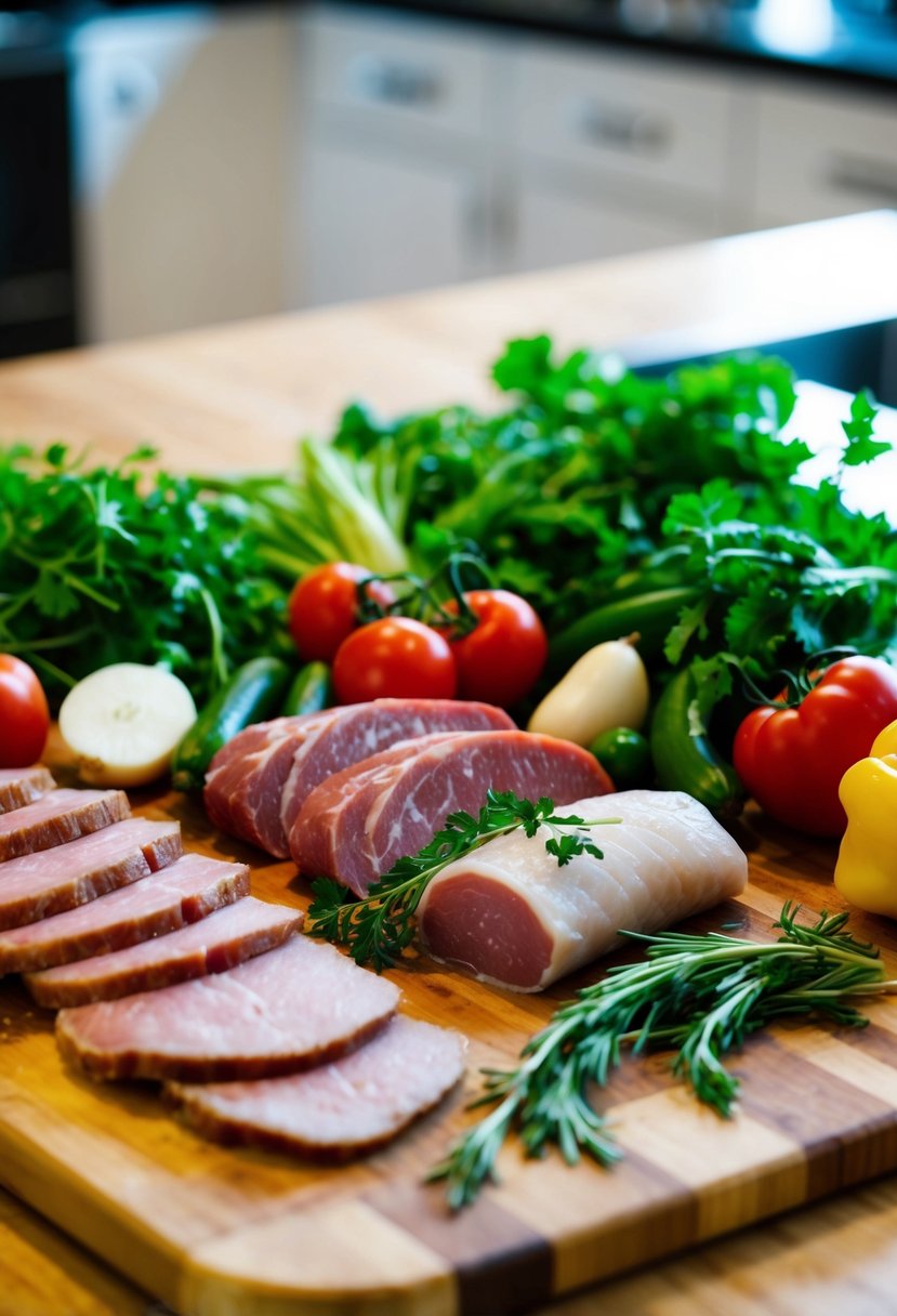 A cutting board with assorted lean meats, surrounded by fresh herbs and vegetables, ready to be prepared for a healthy dinner