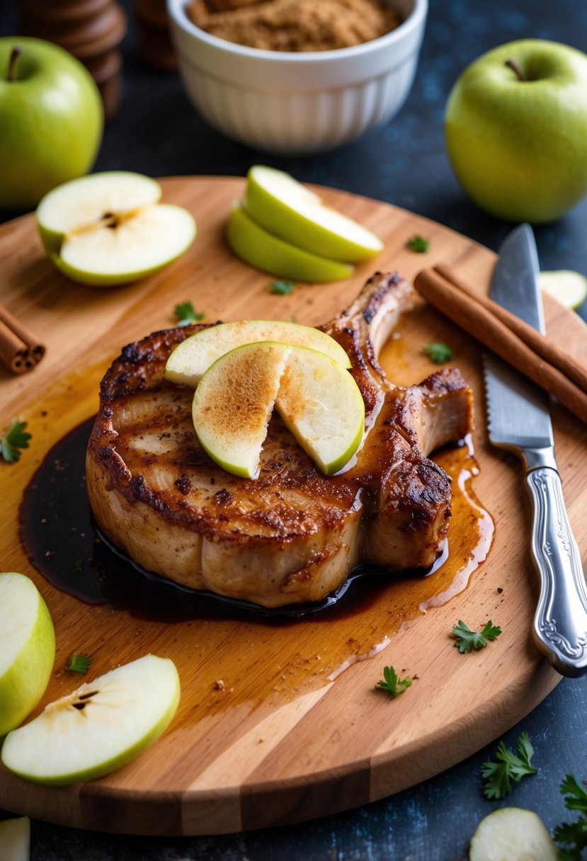 A sizzling pork chop topped with cinnamon and apple slices, surrounded by fresh ingredients on a wooden cutting board