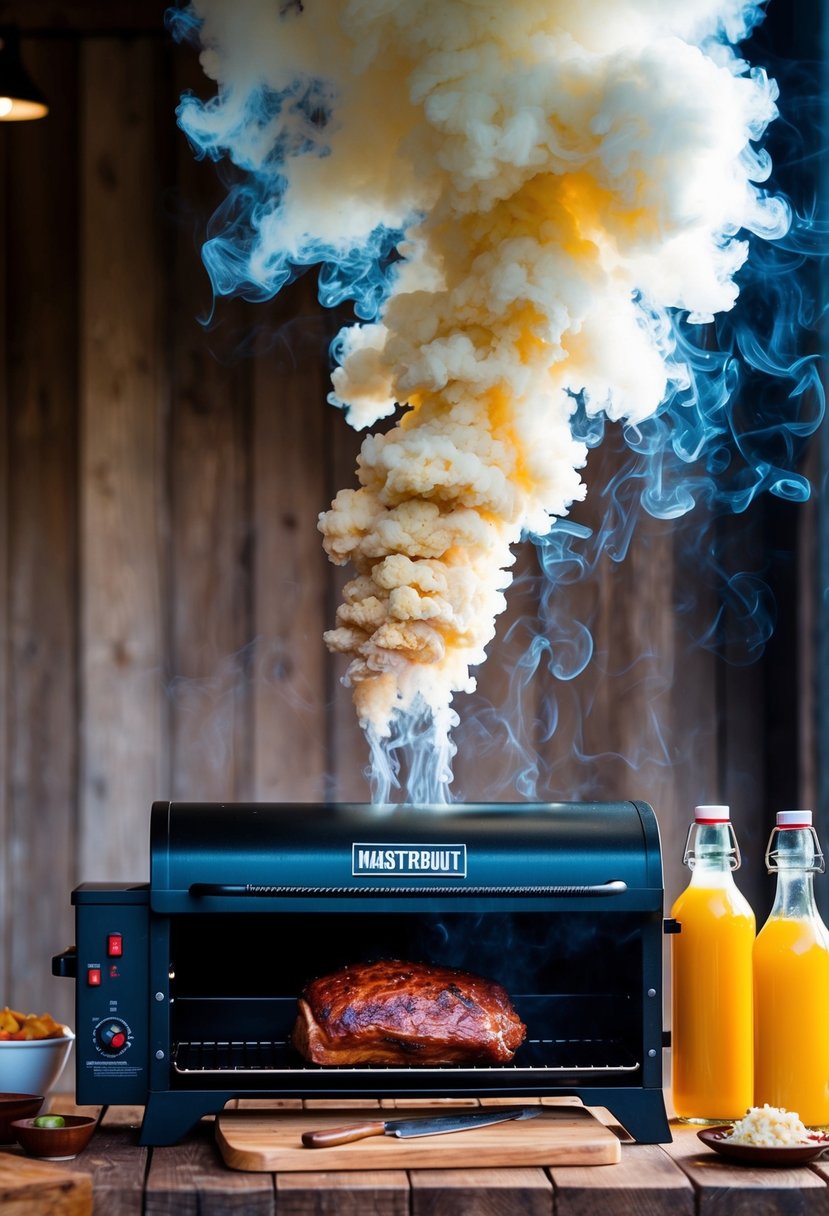 A plume of smoke rises from the Masterbuilt electric smoker as it cooks a mouthwatering brisket, surrounded by a tantalizing aroma