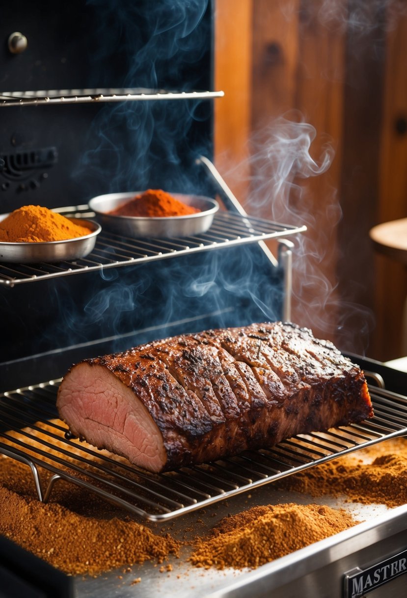 A juicy brisket sits on a smoking rack inside a Masterbuilt electric smoker, surrounded by aromatic dry rub spices