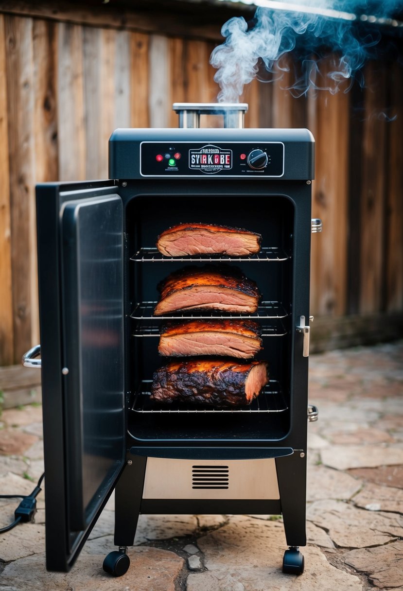 A large electric smoker filled with Texas-style smoked brisket, emitting a savory aroma