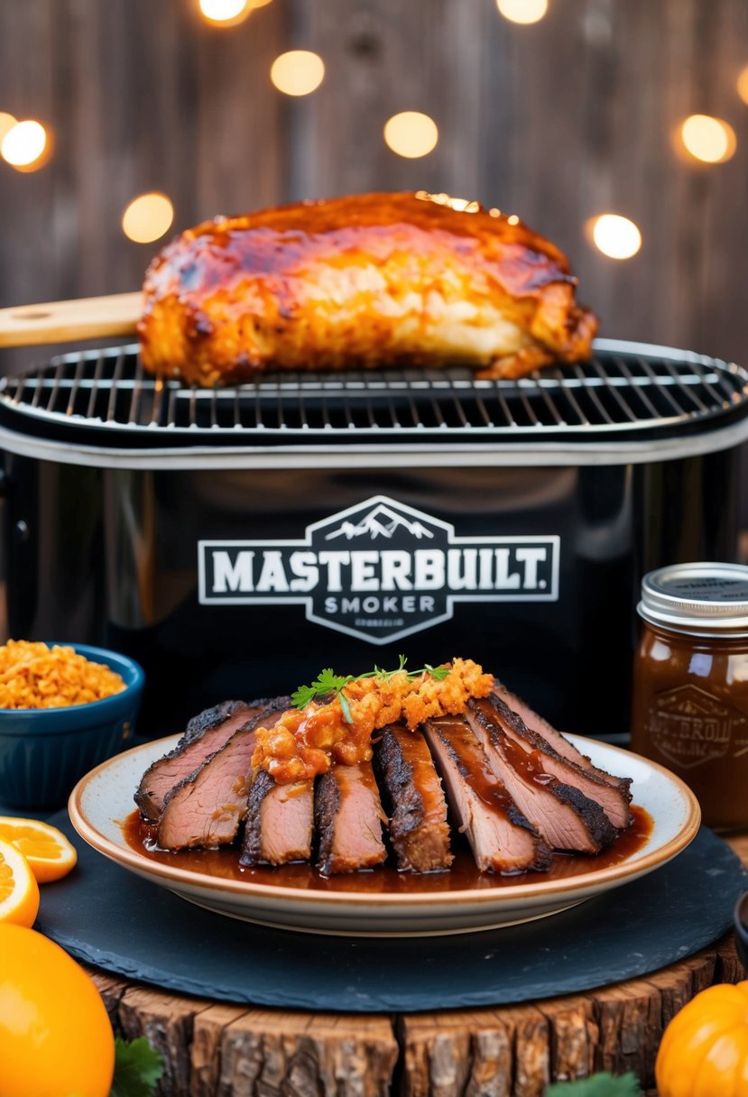 A platter of smoked brisket with a sweet and spicy glaze, surrounded by an electric smoker and Masterbuilt logo