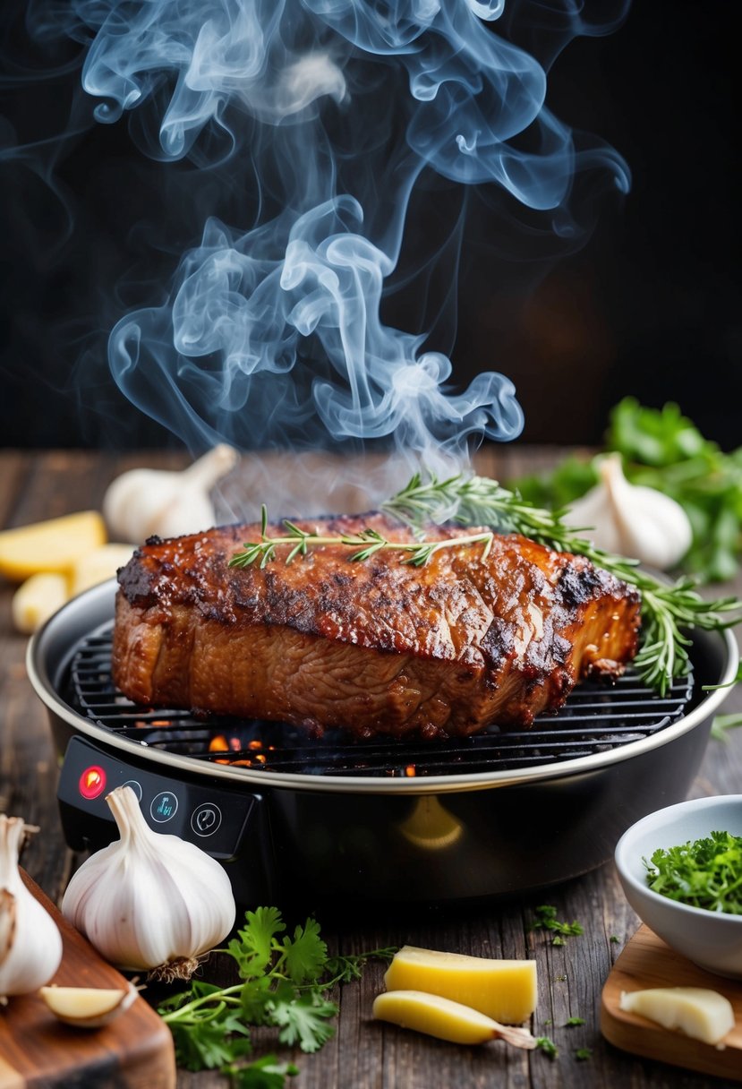 A juicy brisket sizzling on the electric smoker, surrounded by garlic cloves and fresh herbs, with wisps of aromatic smoke rising into the air