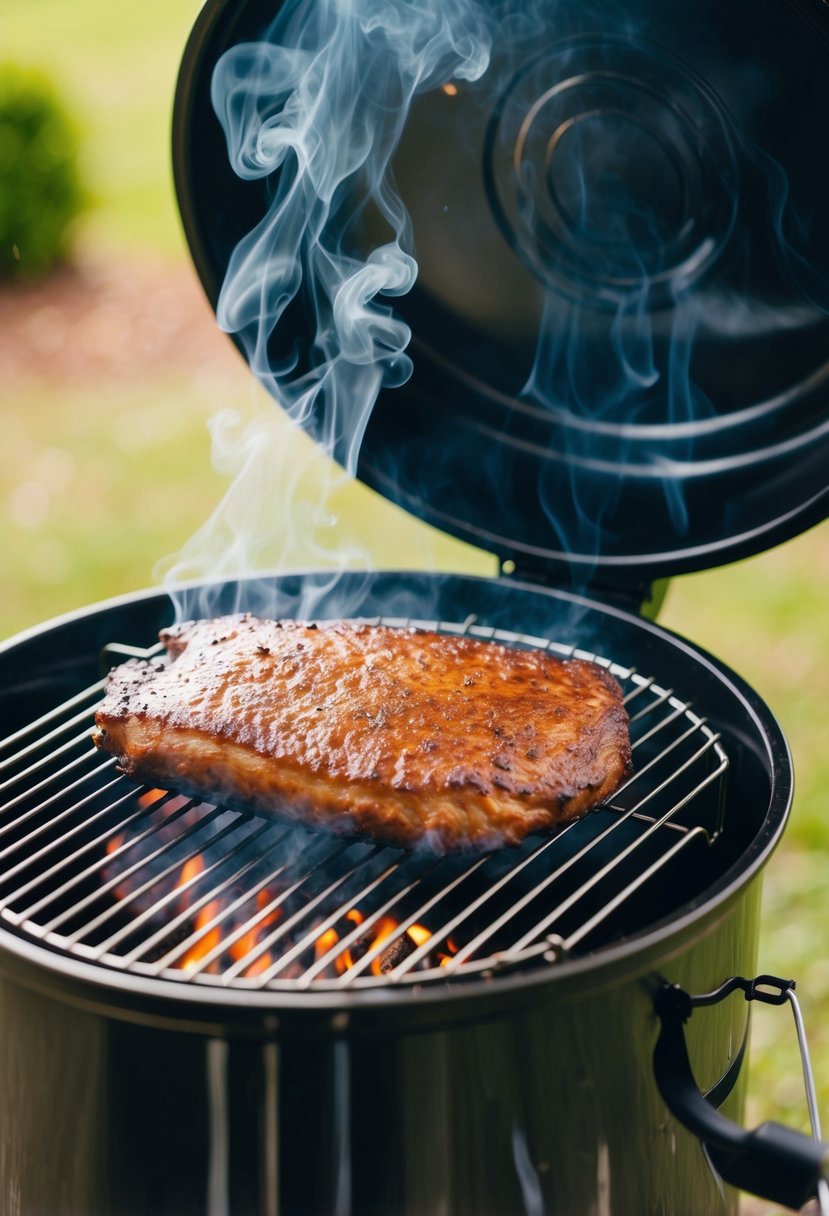 A hickory-flavored brisket sizzling on the racks of an electric smoker, surrounded by wisps of smoke rising into the air