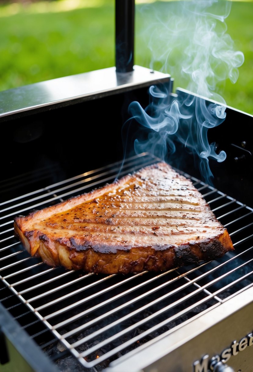 A thick slab of Applewood Smoked Brisket sizzling on the grates of a Masterbuilt electric smoker, surrounded by wisps of fragrant smoke