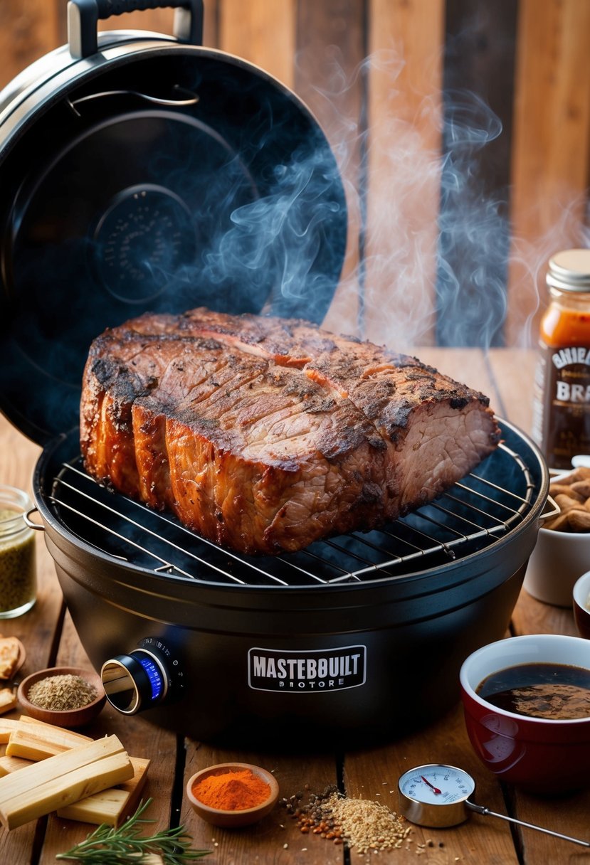 A brisket smoking in a Masterbuilt electric smoker, surrounded by classic BBQ ingredients like wood chips, seasonings, and a thermometer