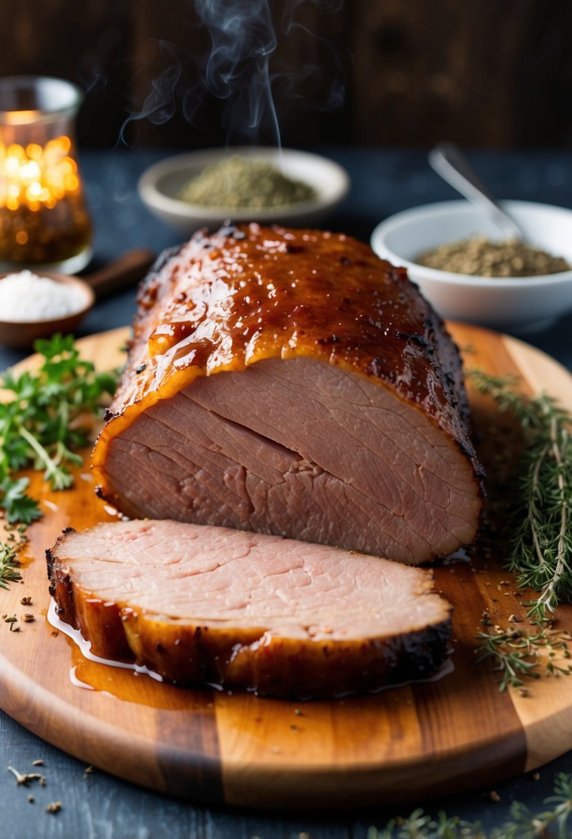 A thick-cut smoked brisket sits on a wooden cutting board, glistening with a maple glaze and surrounded by aromatic herbs and spices