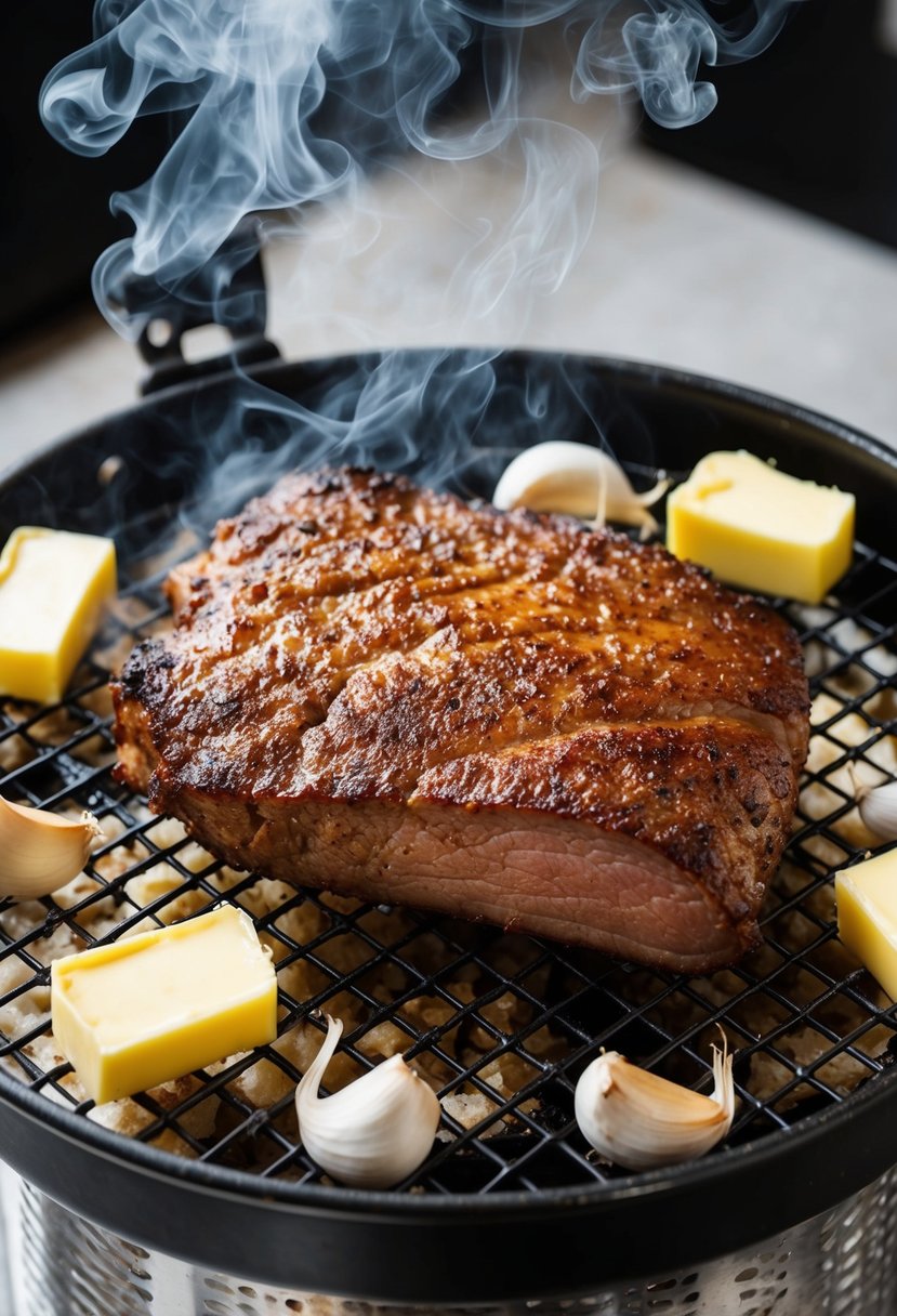 A sizzling brisket sits on a smoker rack, surrounded by garlic cloves and butter, with wisps of smoke curling around it