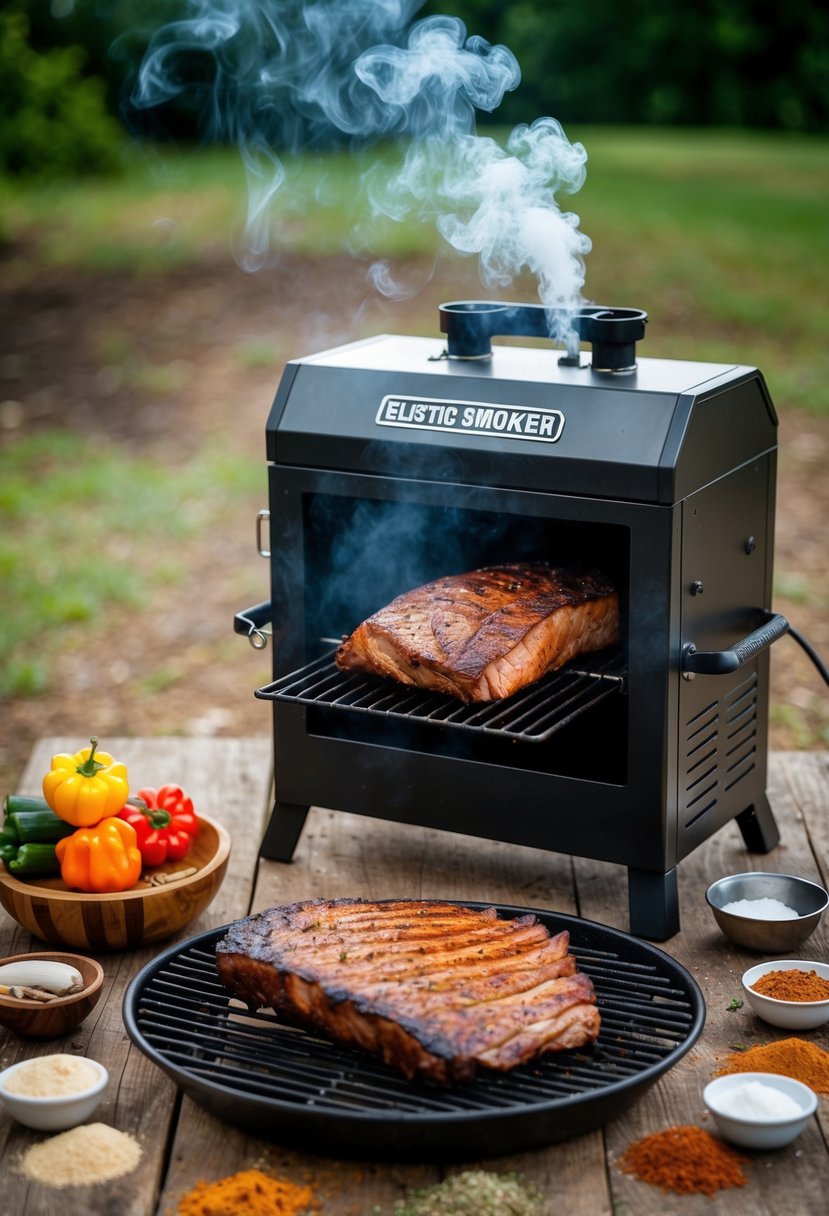 A rustic outdoor setting with a smoking electric smoker, surrounded by Cajun-inspired spices and a juicy brisket cooking on the grill