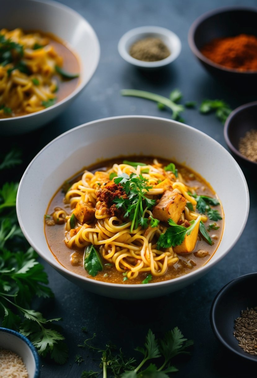 A steaming bowl of noodle curry surrounded by spices and herbs