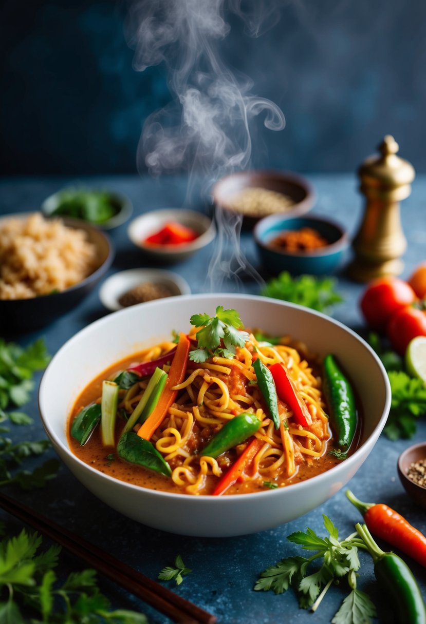 A steaming bowl of Thai red curry noodles with an assortment of colorful vegetables, surrounded by fragrant herbs and spices