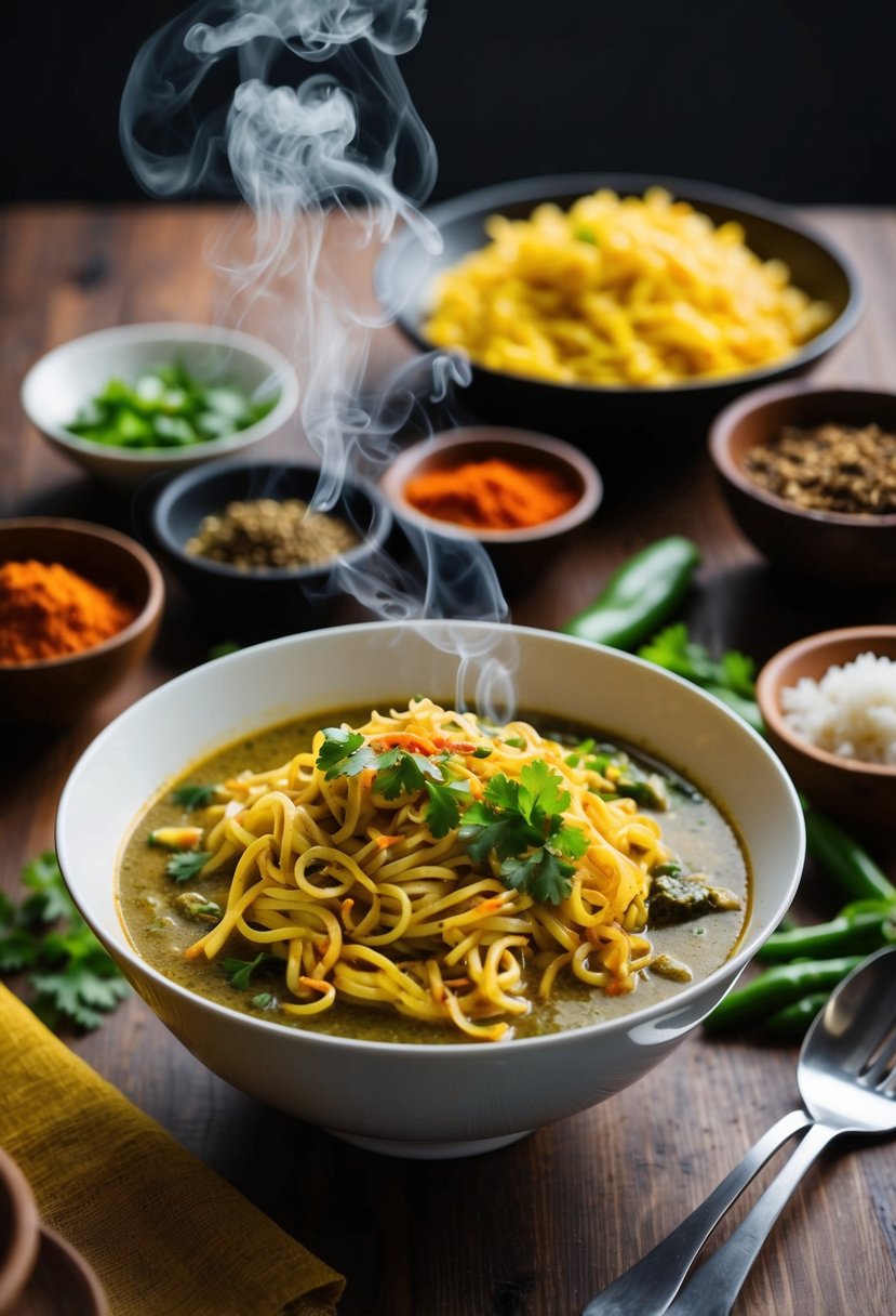 A steaming bowl of curry noodles sits on a wooden table, surrounded by vibrant spices and fresh ingredients. Steam rises from the bowl, creating a mouthwatering aroma