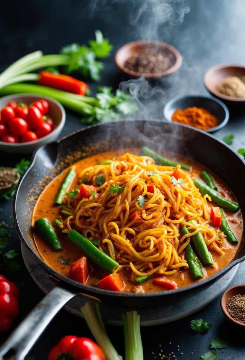 A steaming skillet filled with red curry noodles, surrounded by vibrant vegetables and aromatic spices