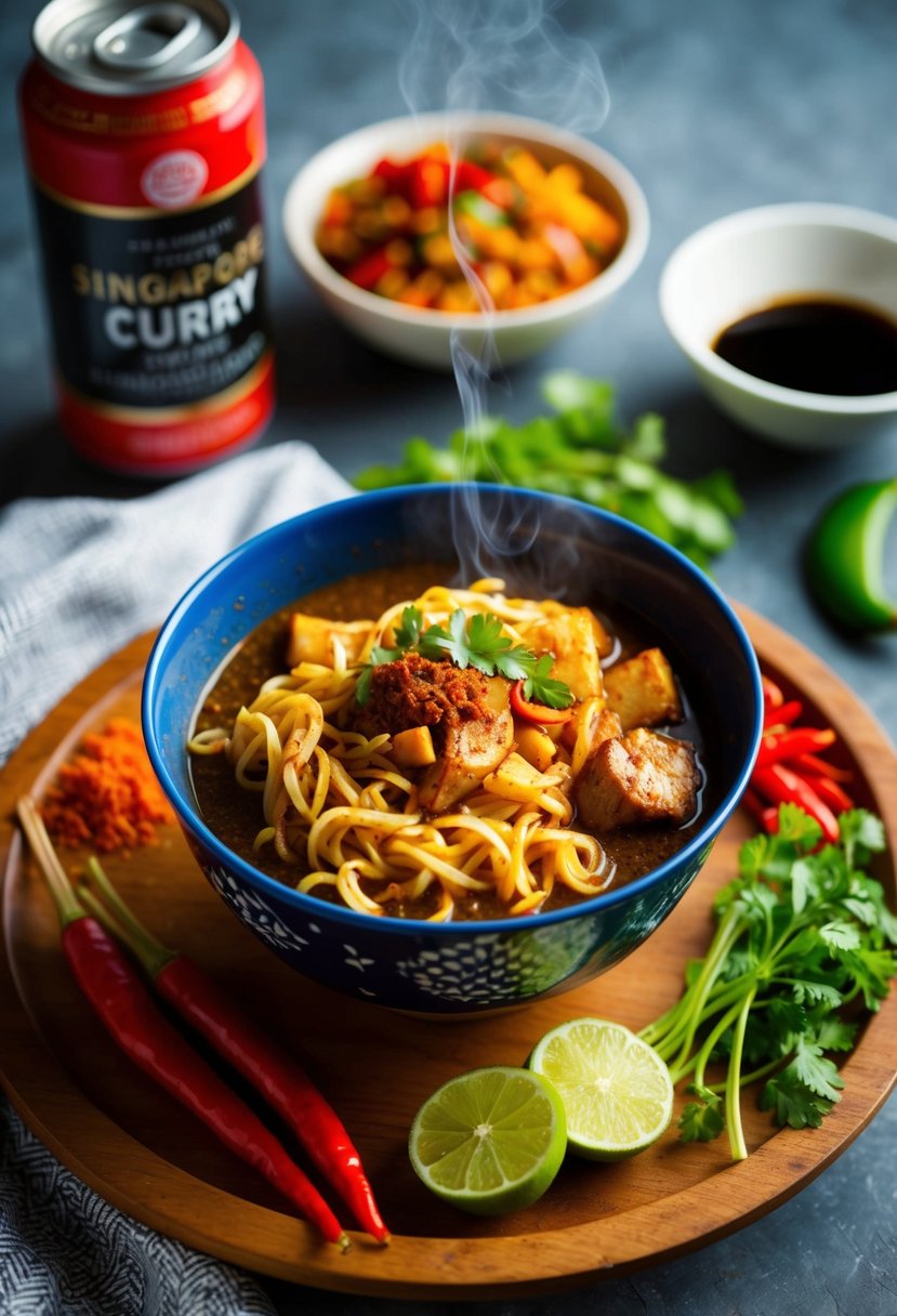 A steaming bowl of Singapore curry noodles surrounded by vibrant spices and fresh ingredients