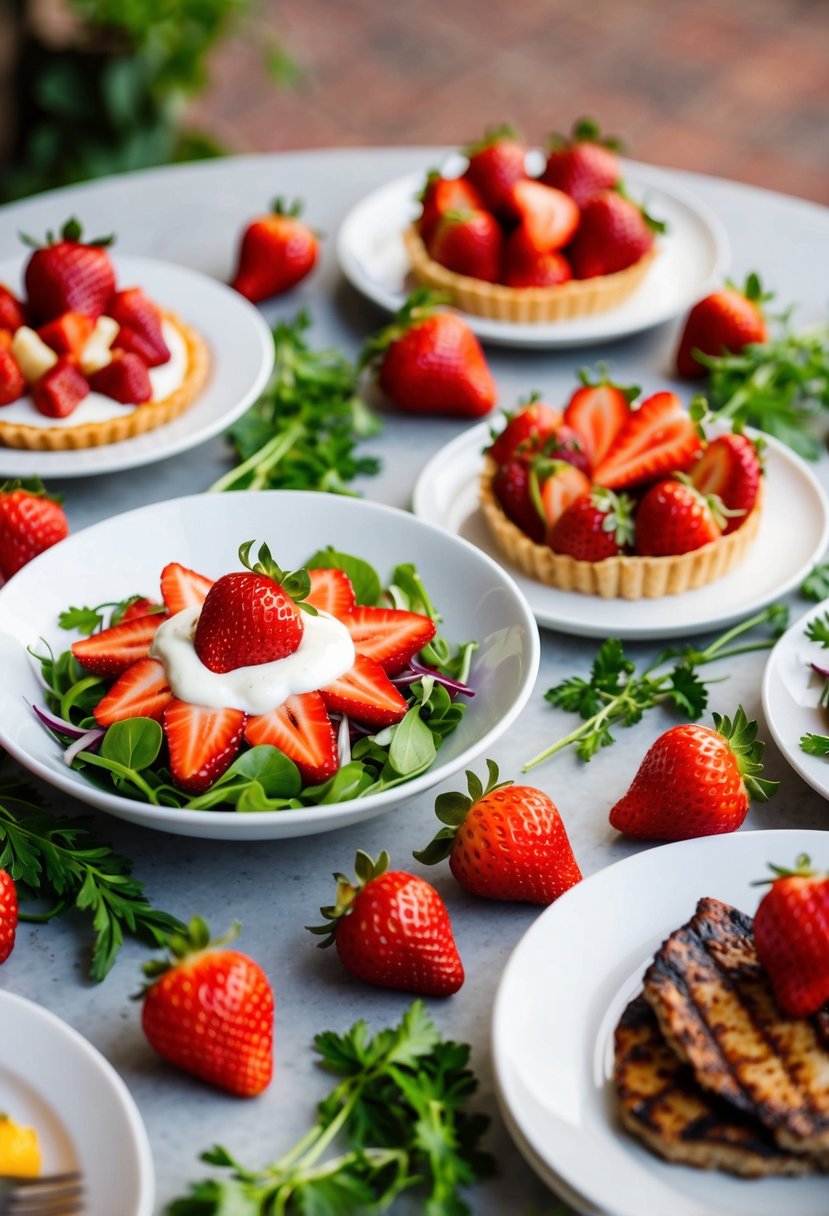 A table set with a variety of savory strawberry dishes, including salads, tarts, and grilled meats, surrounded by fresh strawberries and herbs