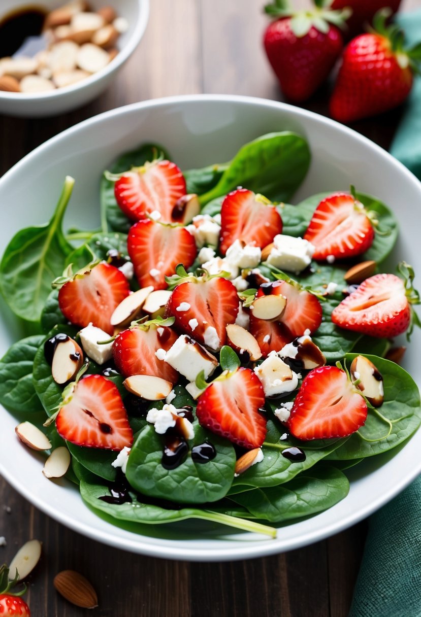 A bowl of vibrant green spinach leaves topped with ripe red strawberries, sliced almonds, and crumbled feta cheese, drizzled with balsamic vinaigrette