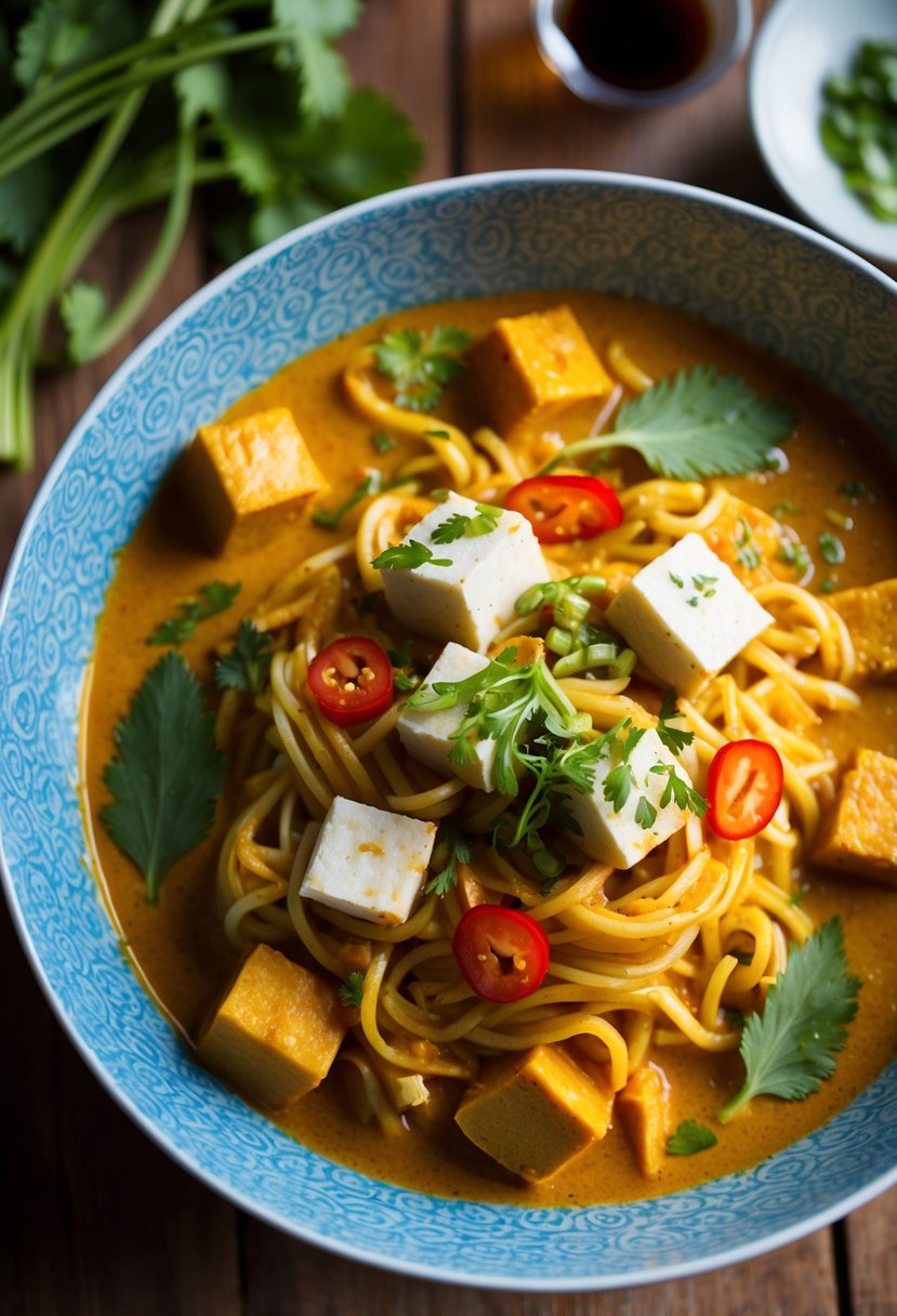 A steaming bowl of coconut red curry noodles with cubes of tofu, garnished with fresh herbs and chili slices, set on a wooden table