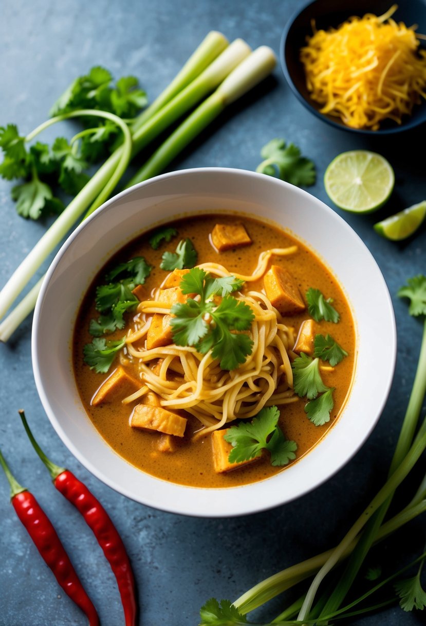 A steaming bowl of Thai Red Curry Noodle Soup surrounded by fresh ingredients like lemongrass, chili peppers, and cilantro