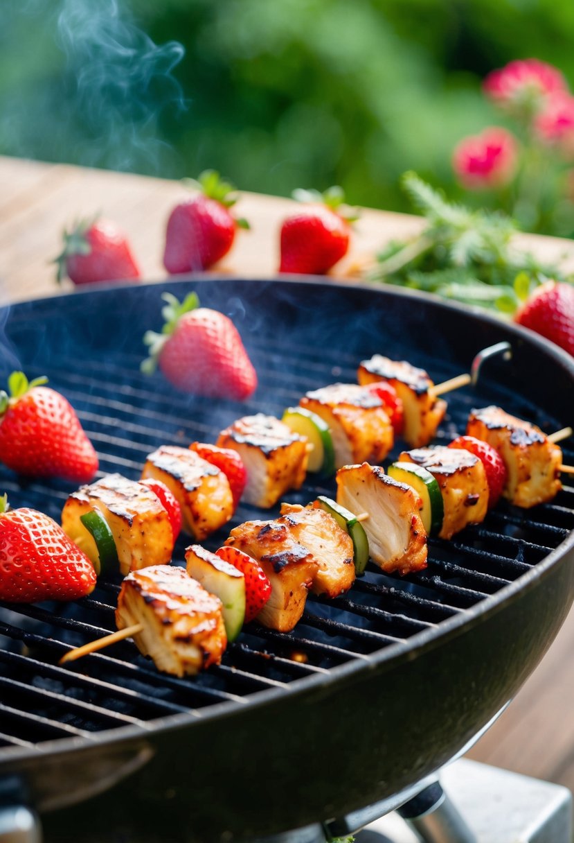 A grill sizzling with skewers of barbecued chicken and fresh strawberries, surrounded by herbs and spices