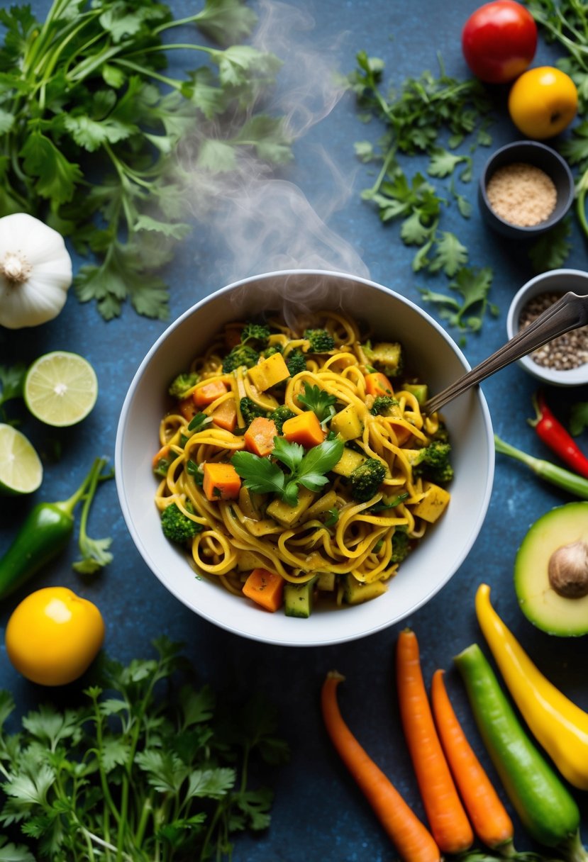 A steaming bowl of vegan curried noodles surrounded by a colorful array of fresh vegetables and herbs