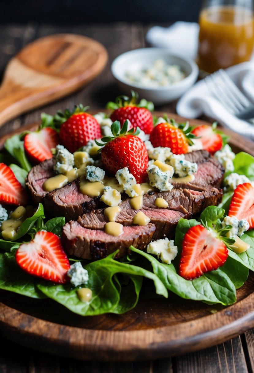 A juicy steak salad topped with fresh strawberries and crumbled blue cheese, drizzled with a tangy vinaigrette, on a rustic wooden platter