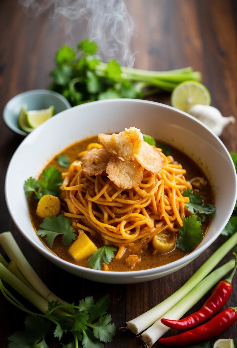 A steaming bowl of red curry noodles topped with fried coconut and garlic, surrounded by vibrant ingredients like lemongrass, chilies, and cilantro