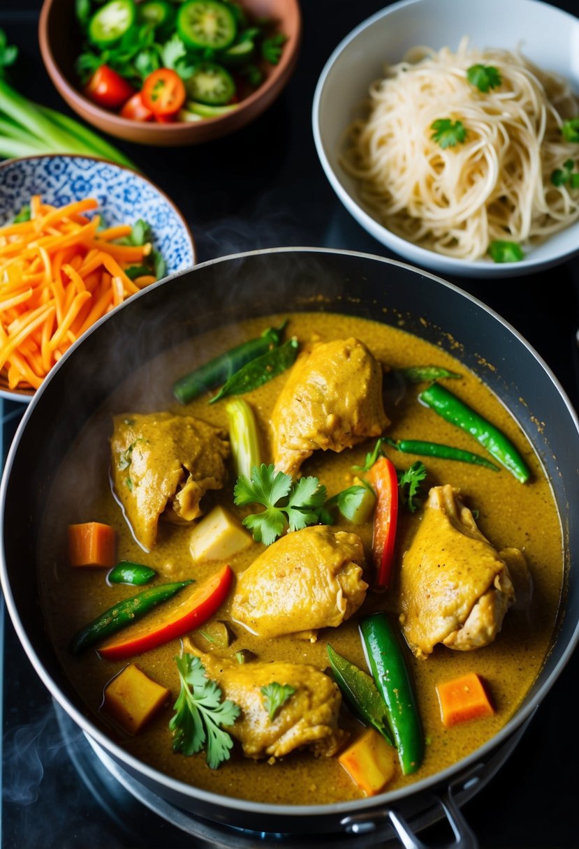 A steaming pot of Thai curry with chicken and assorted vegetables simmering on a stove, surrounded by colorful ingredients and a bowl of noodles