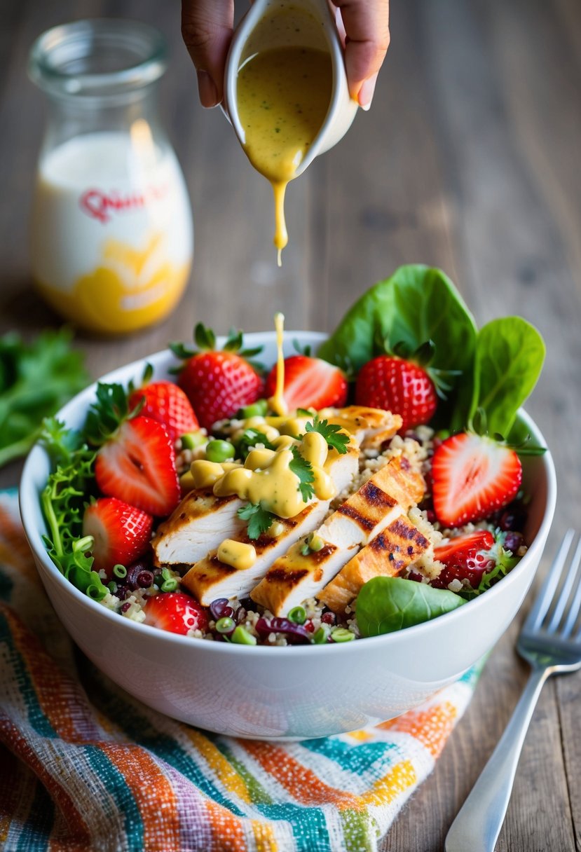 A colorful bowl of quinoa salad with grilled chicken, fresh strawberries, and mixed greens, drizzled with a savory vinaigrette