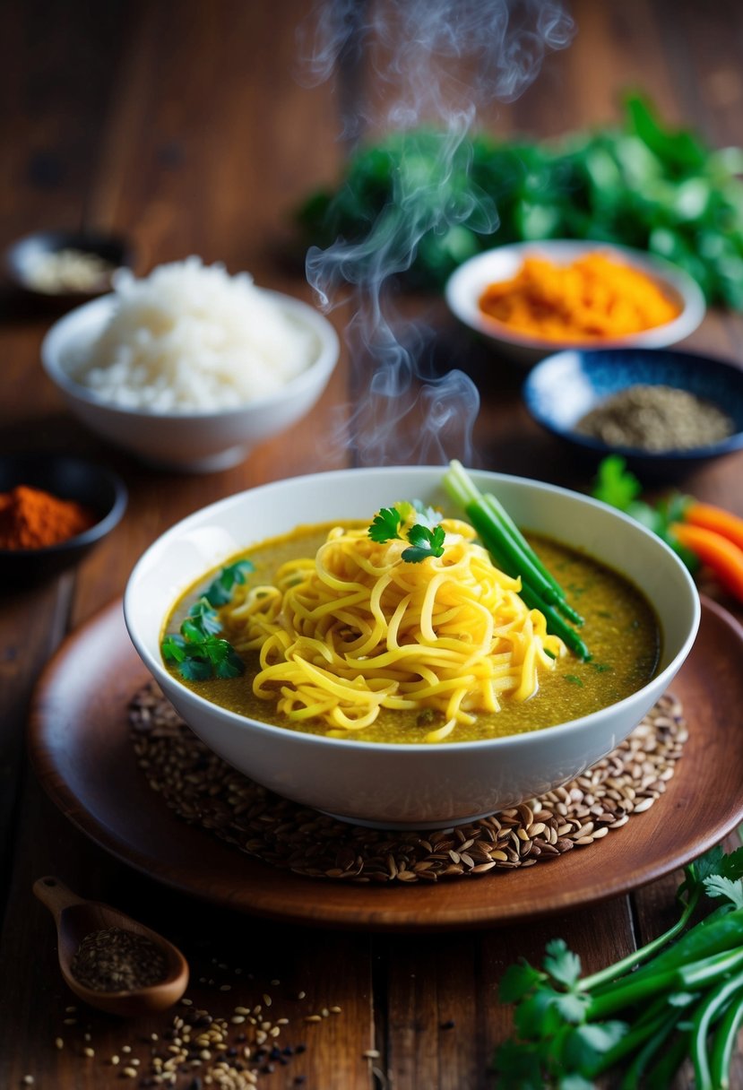 A steaming bowl of yellow curry noodles sits on a wooden table, surrounded by colorful vegetables and aromatic spices