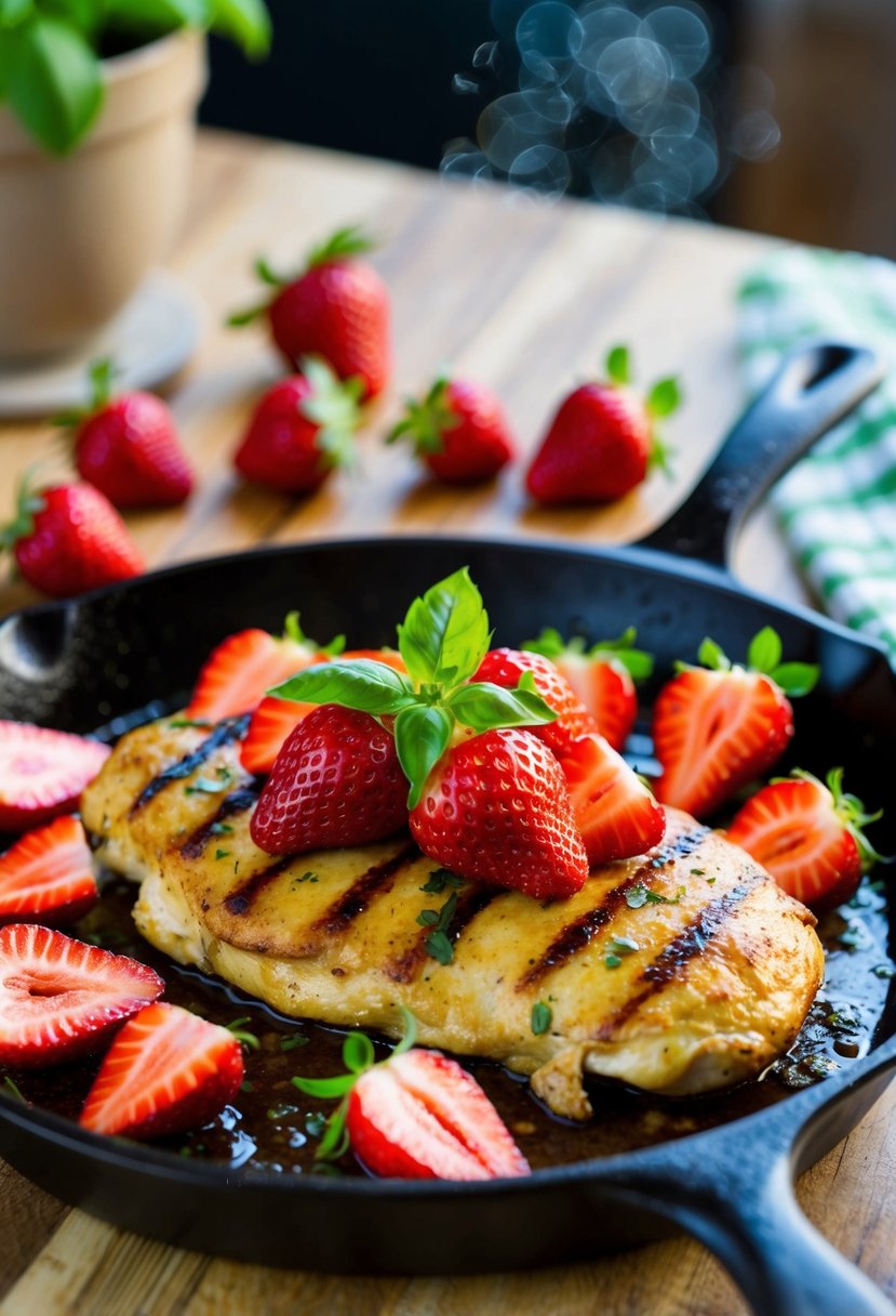 A sizzling skillet of grilled chicken topped with fresh strawberries and basil