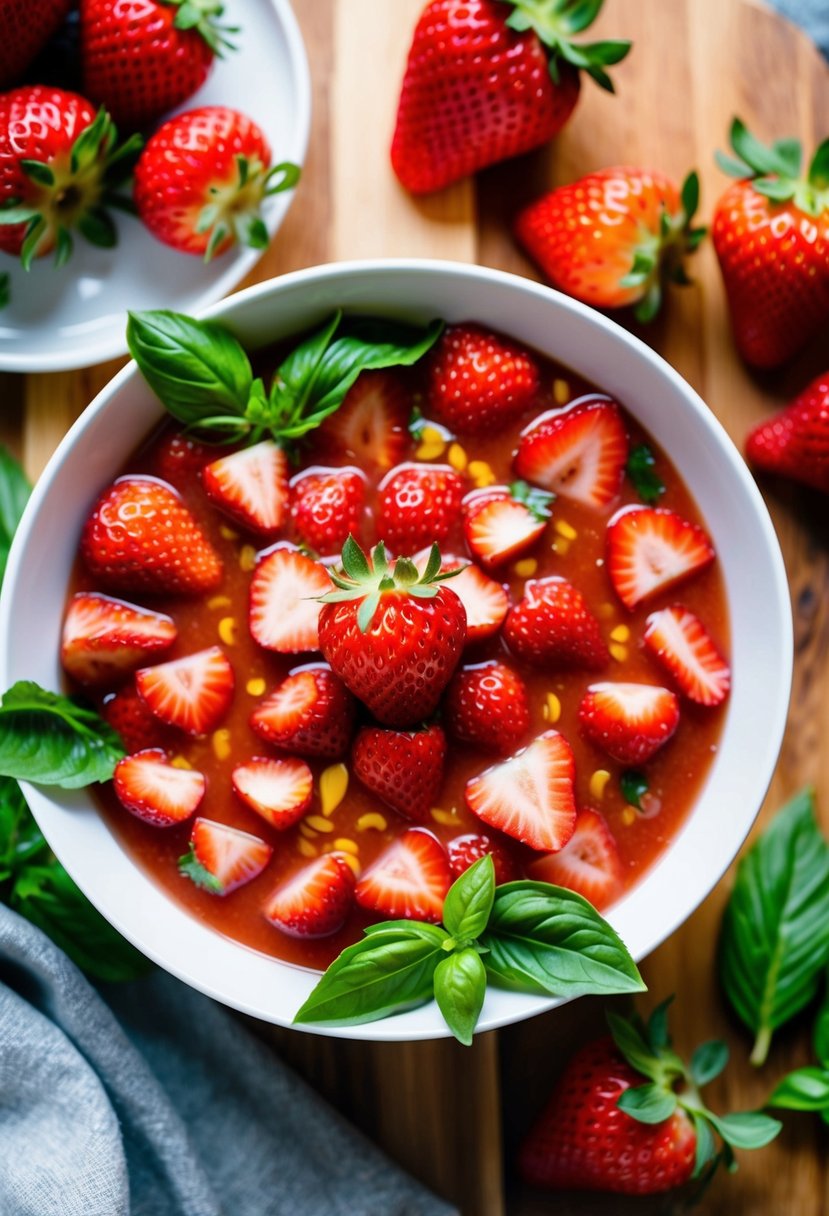 A vibrant bowl of strawberry gazpacho surrounded by fresh strawberries, basil leaves, and a drizzle of olive oil