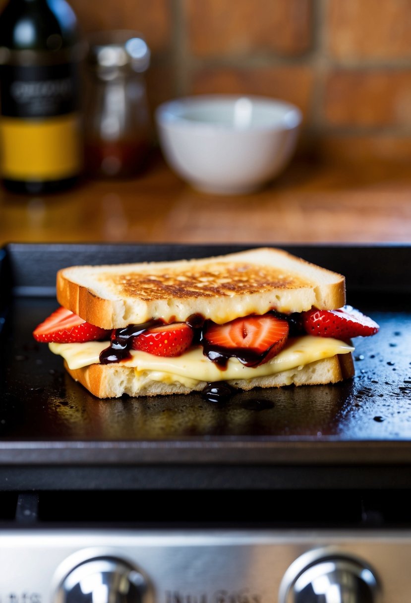 A grilled cheese sandwich with strawberries and balsamic glaze sizzling on a hot griddle