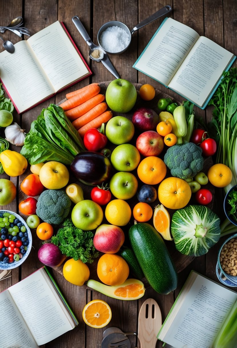 A colorful array of fresh fruits and vegetables arranged on a rustic wooden table, surrounded by recipe books and cooking utensils