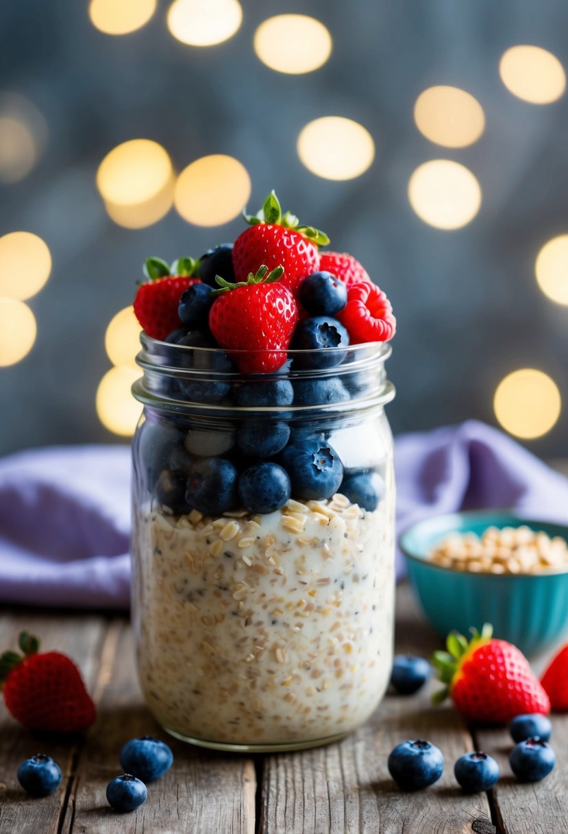 A mason jar filled with overnight oats, topped with a vibrant assortment of fresh berries