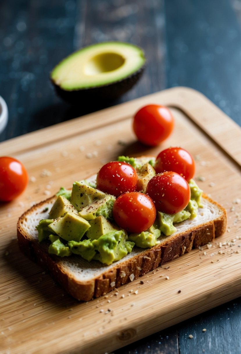 A slice of toast topped with mashed avocado, cherry tomatoes, and a sprinkle of seasoning on a wooden cutting board