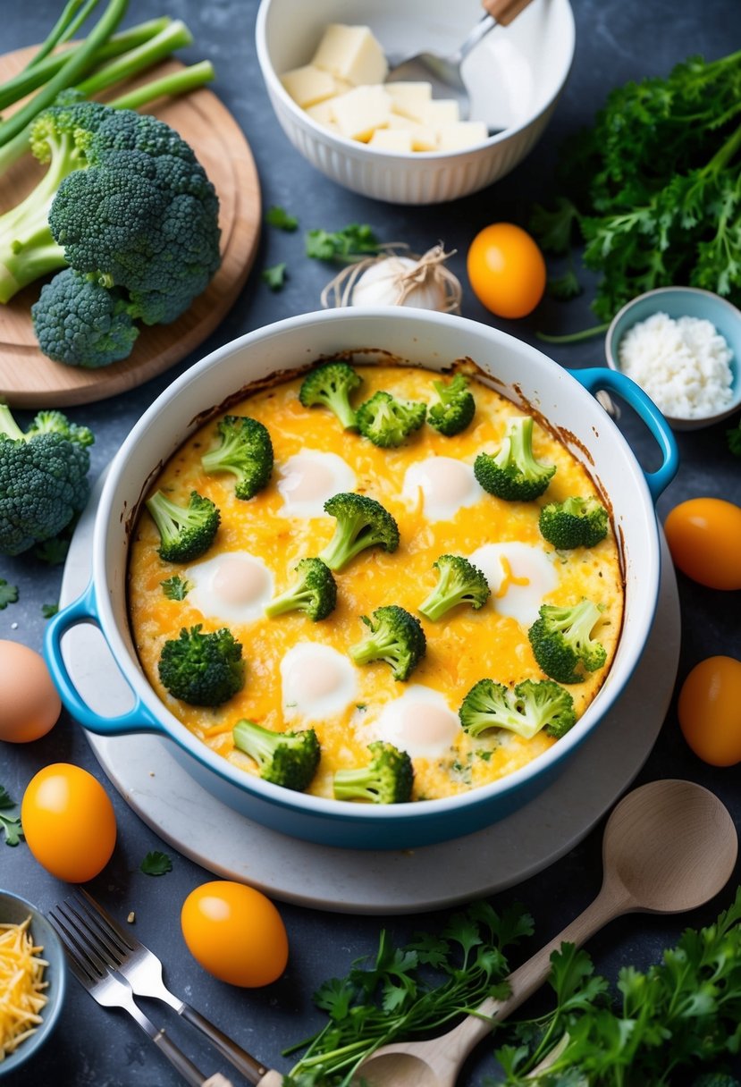 A baking dish filled with broccoli and cheese egg bake, surrounded by fresh ingredients and kitchen utensils