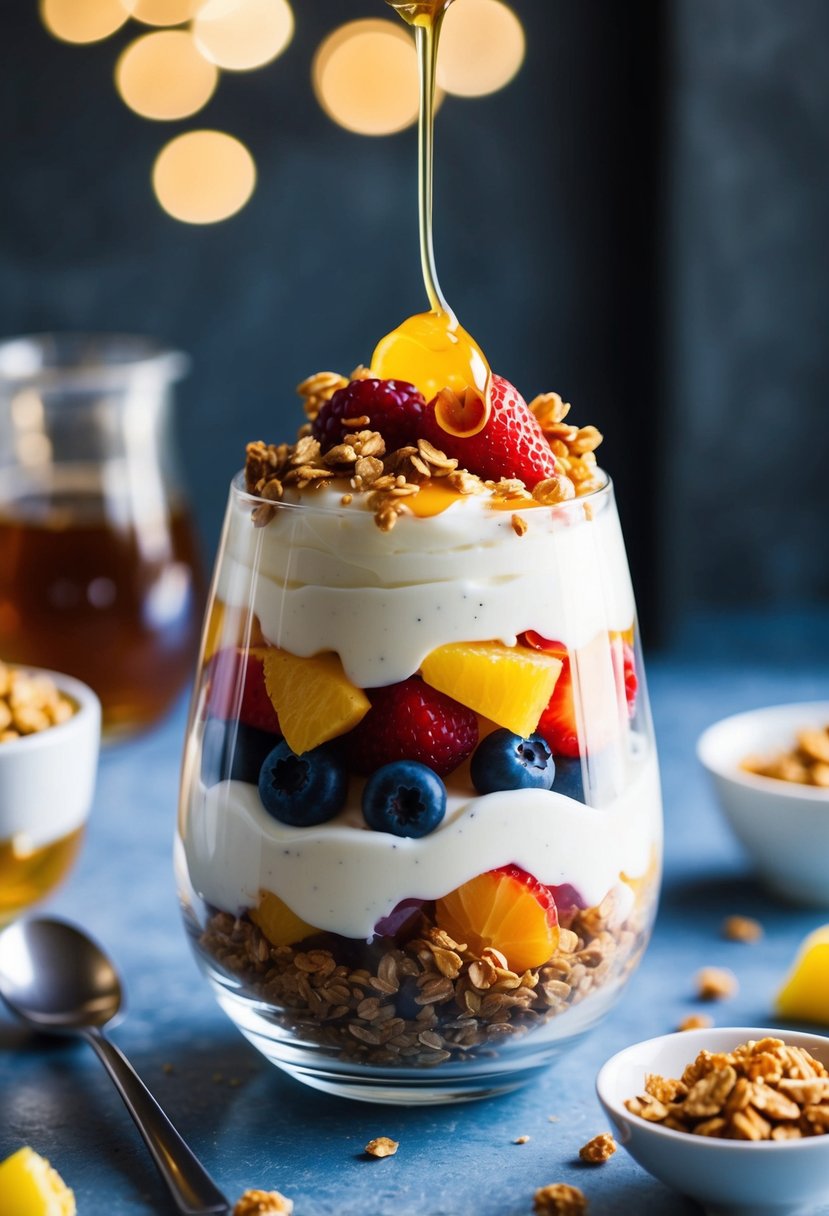 A glass parfait dish filled with layers of creamy yogurt and colorful fruit, topped with a sprinkle of granola and a drizzle of honey