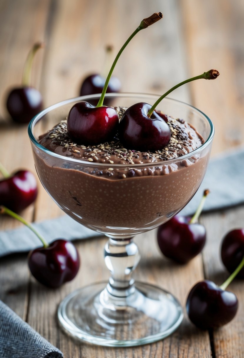 A glass bowl filled with chocolate cherry chia pudding topped with fresh cherries and chia seeds