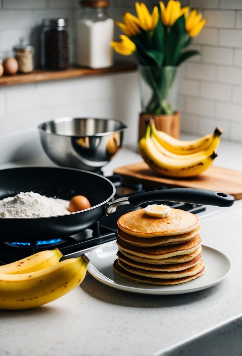 A kitchen counter with ingredients (bananas, eggs, flour) and a mixing bowl, a skillet on the stove, and a stack of golden-brown banana pancakes