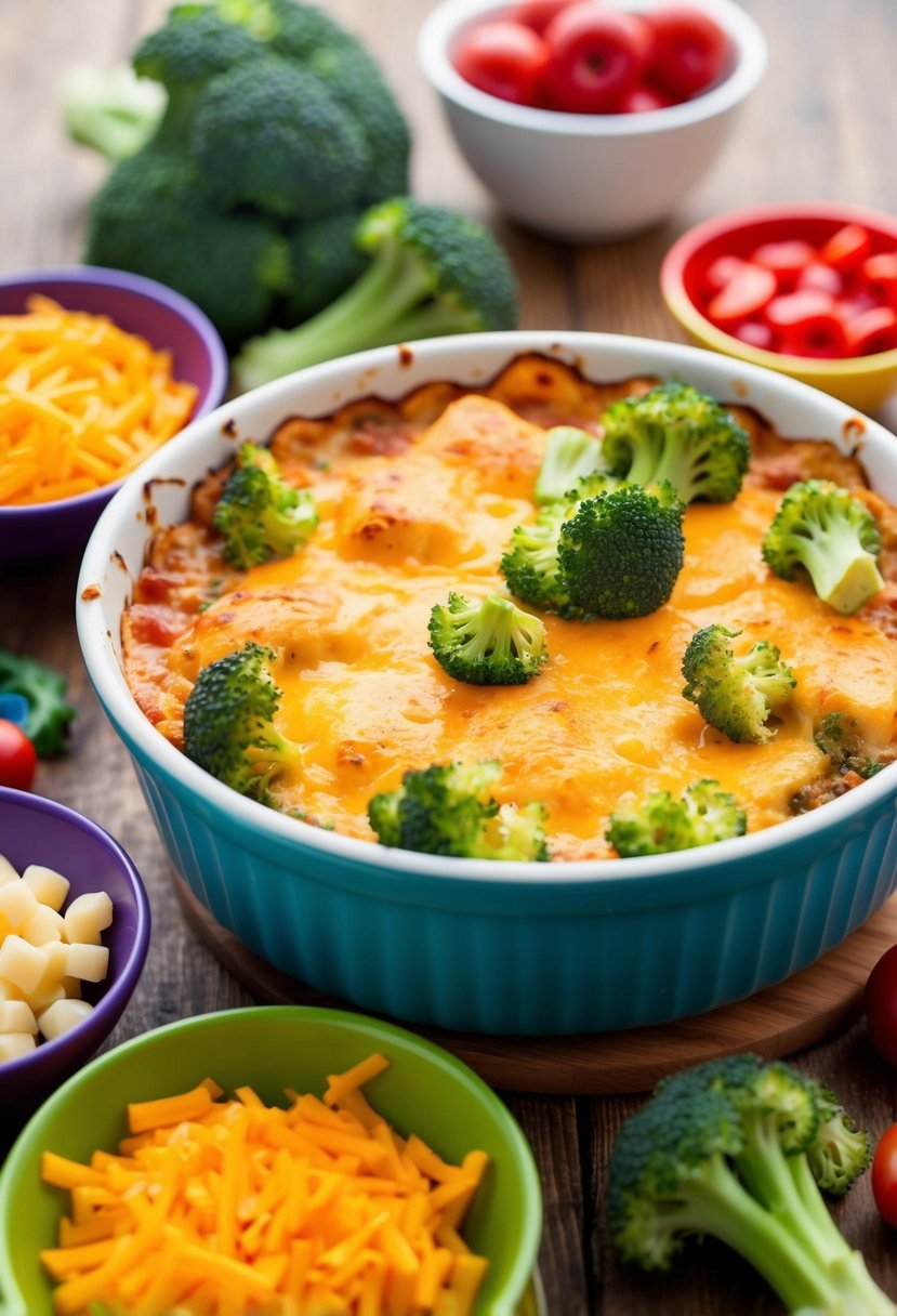 A bubbly casserole dish filled with cheesy broccoli and chicken, surrounded by colorful kid-friendly dinner ingredients